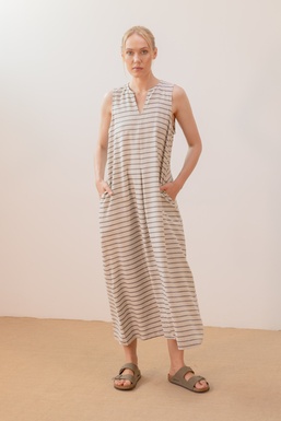 2602261 Vestido Rayas Beige Negro